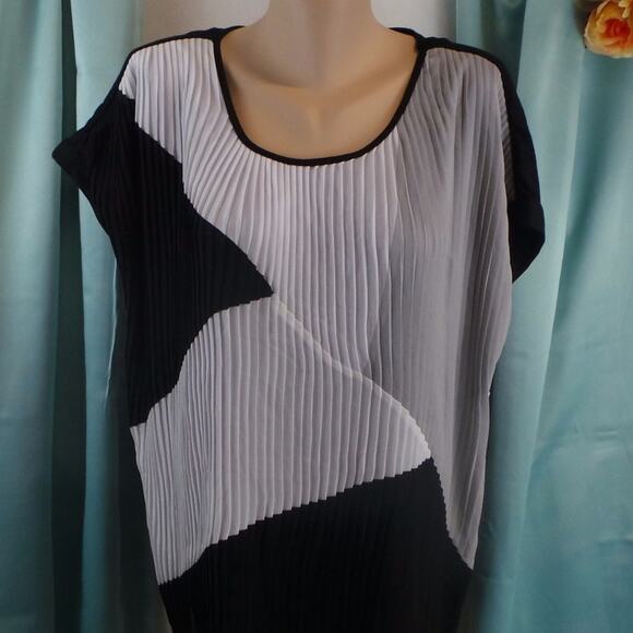 NY Collection Pleated Blouse 1X Front Colorblock Accordion Neutral Workwear Top - Picture 3 of 7